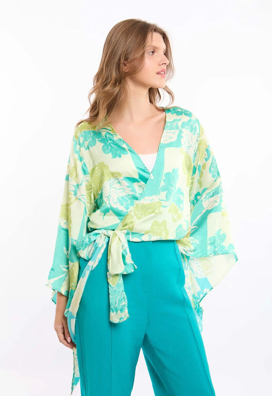 Botanical Wrap Blouse with Kimono Sleeves