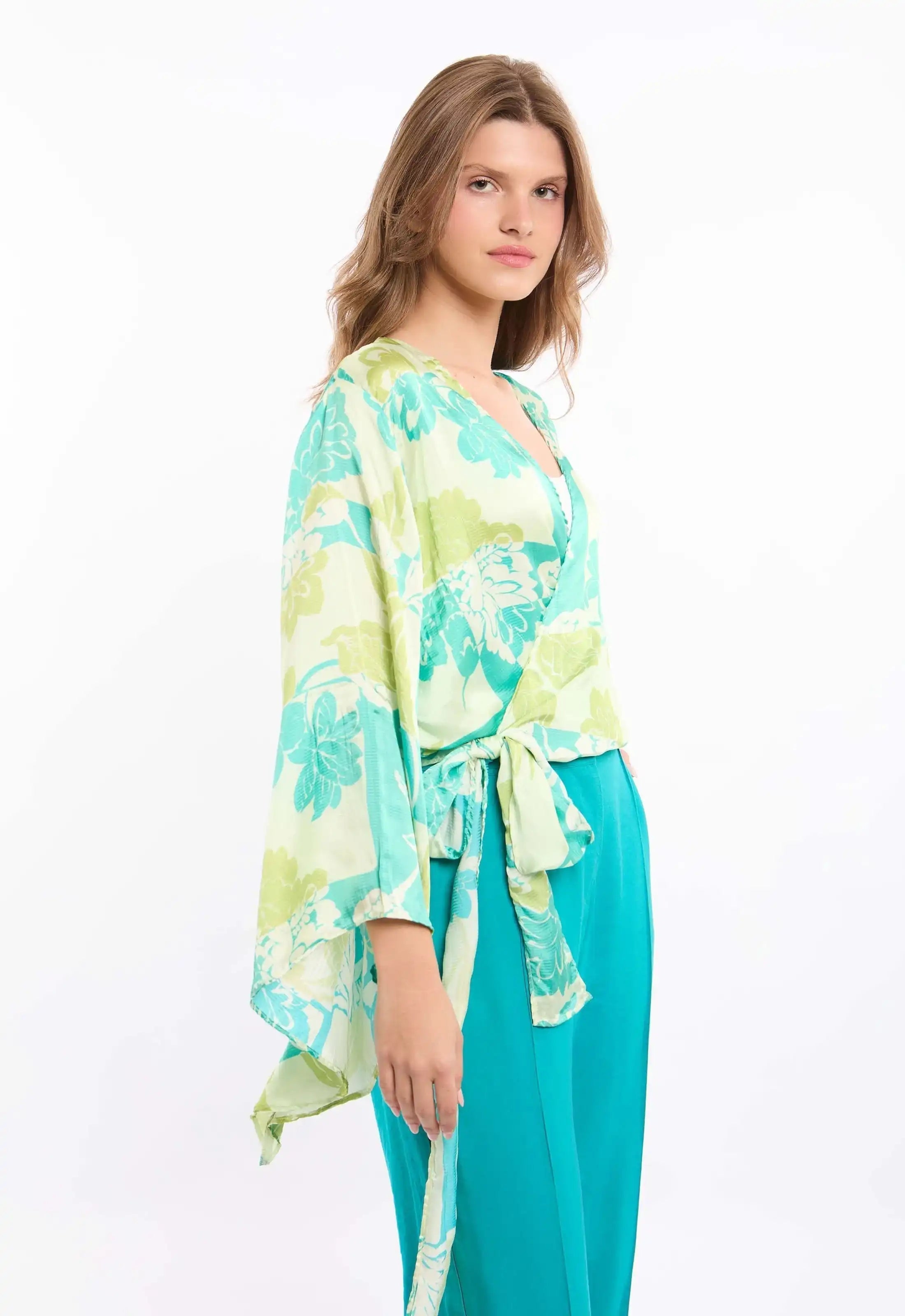 Botanical Wrap Blouse with Kimono Sleeves