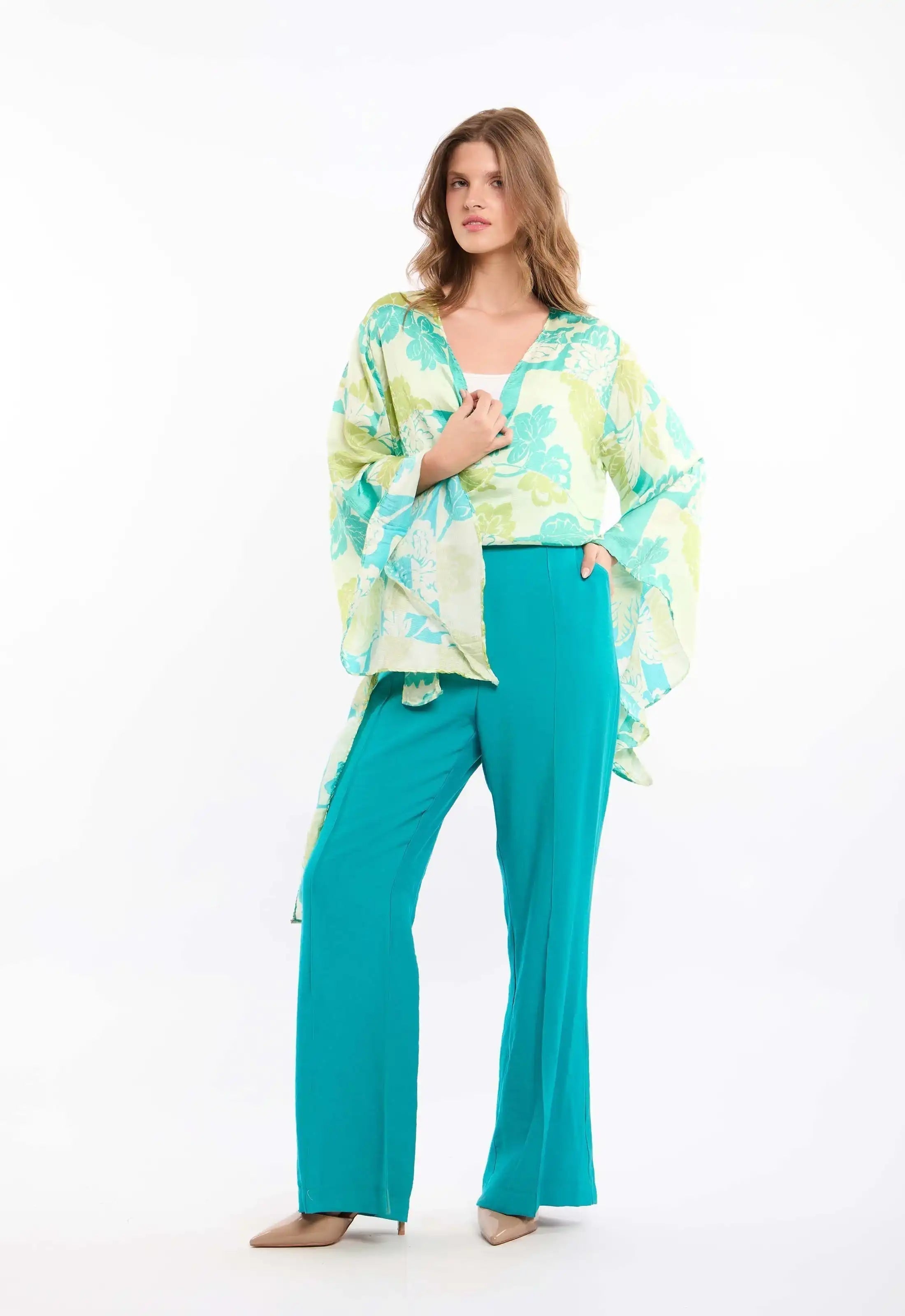 Botanical Wrap Blouse with Kimono Sleeves