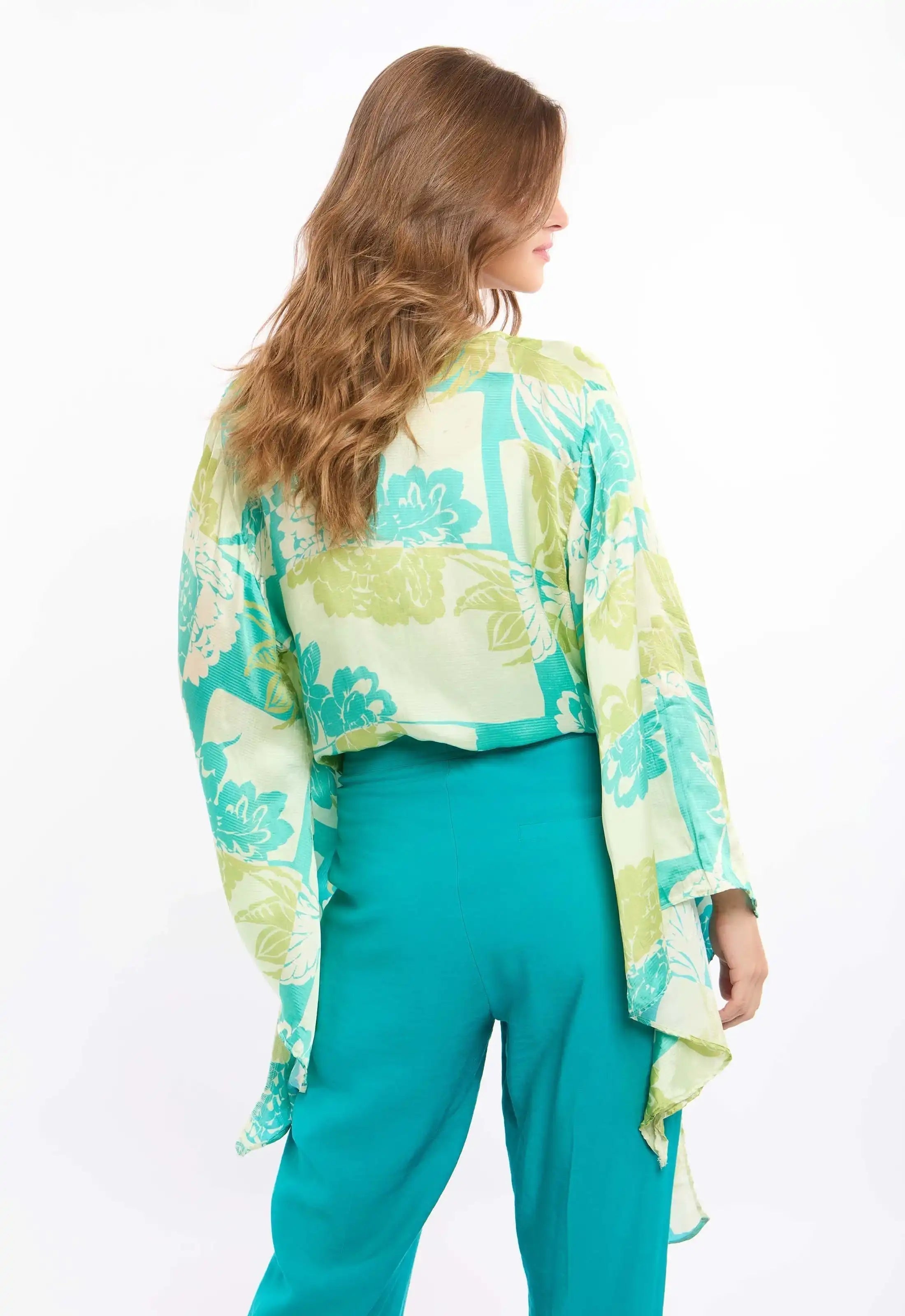 Botanical Wrap Blouse with Kimono Sleeves