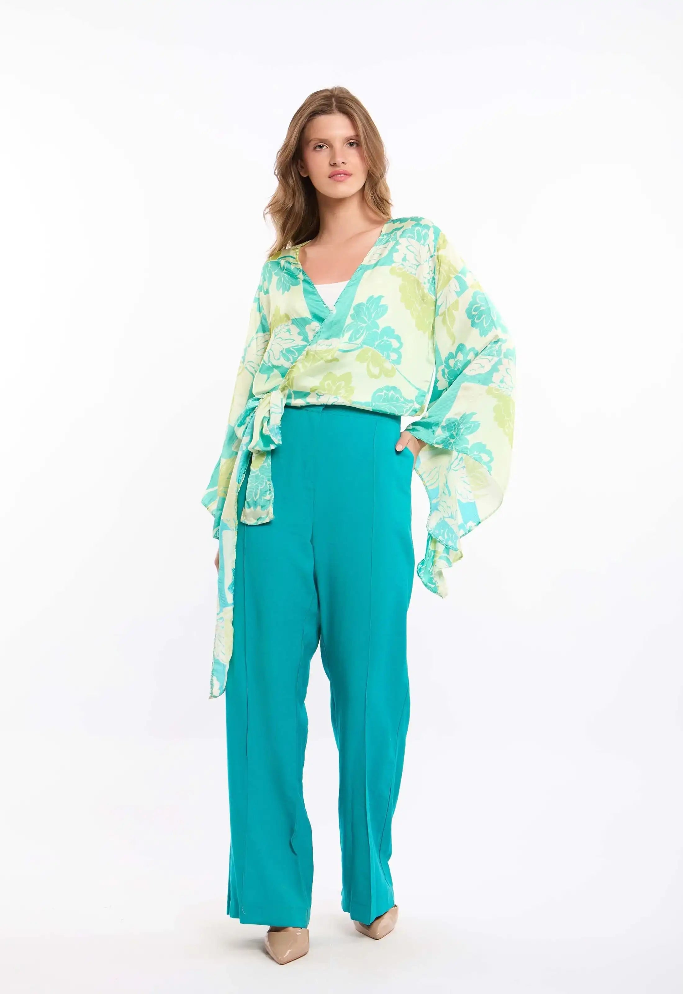 Botanical Wrap Blouse with Kimono Sleeves