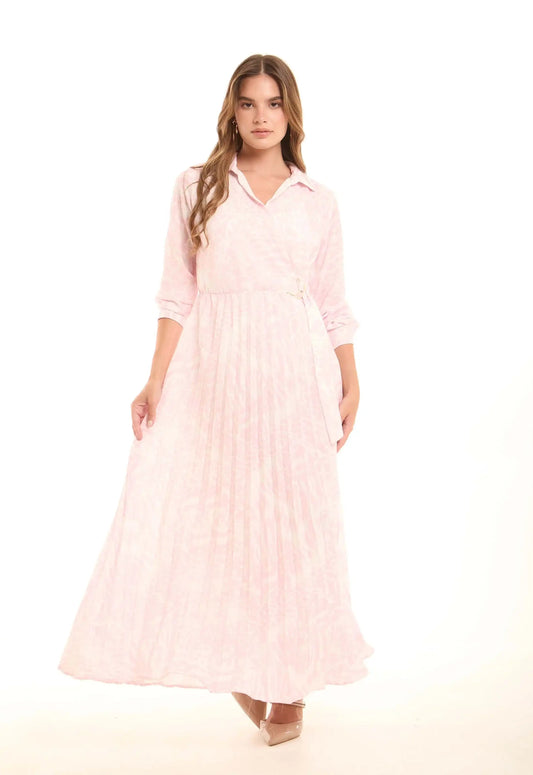 Long Sleeved Patterned Maxi Dress with Tie-Waist Belt