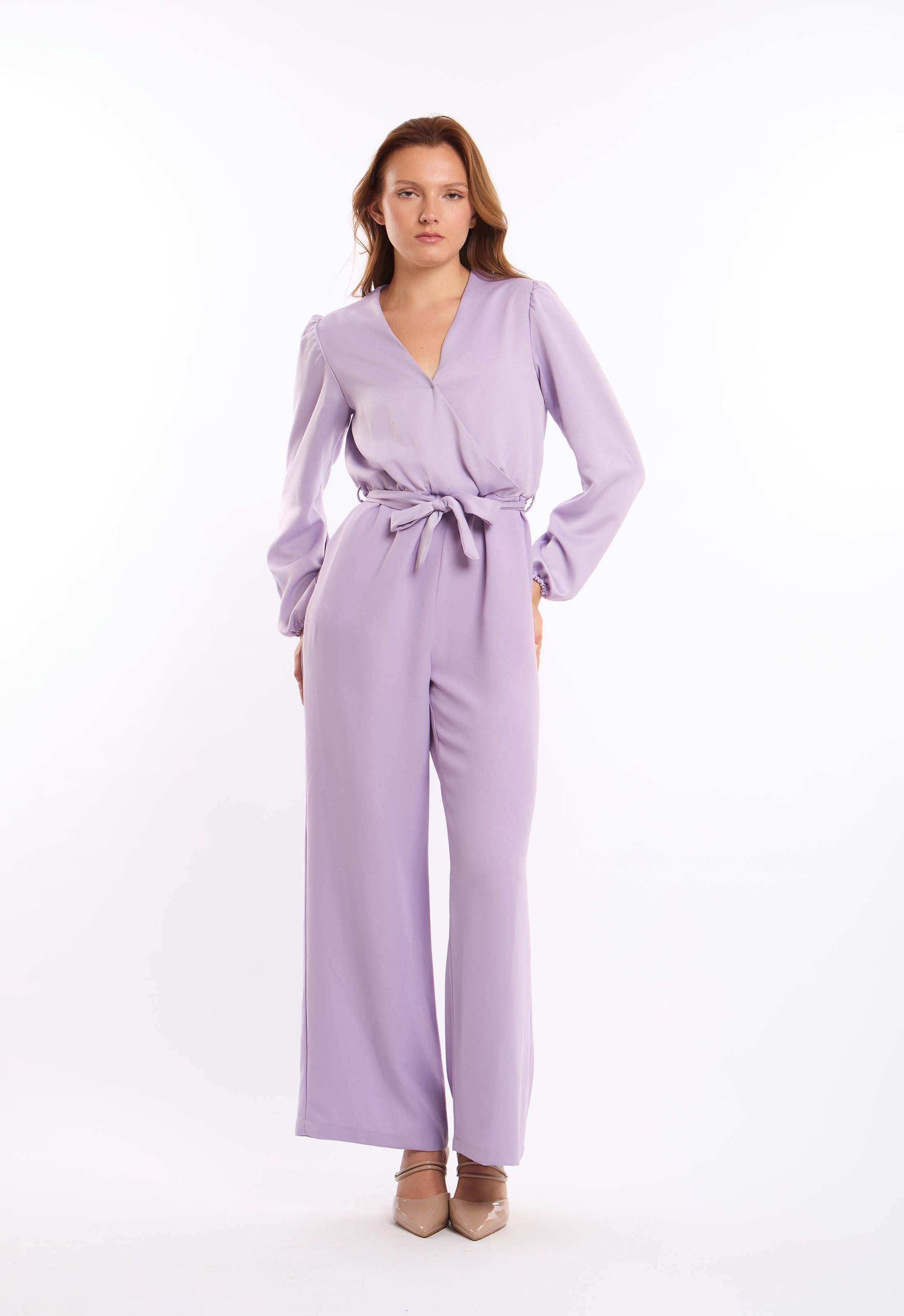 Long Sleeves V-Neck Jumsuit with Tie Waist