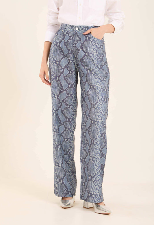 High-Waist Snake-Print Pants with Straight Cut