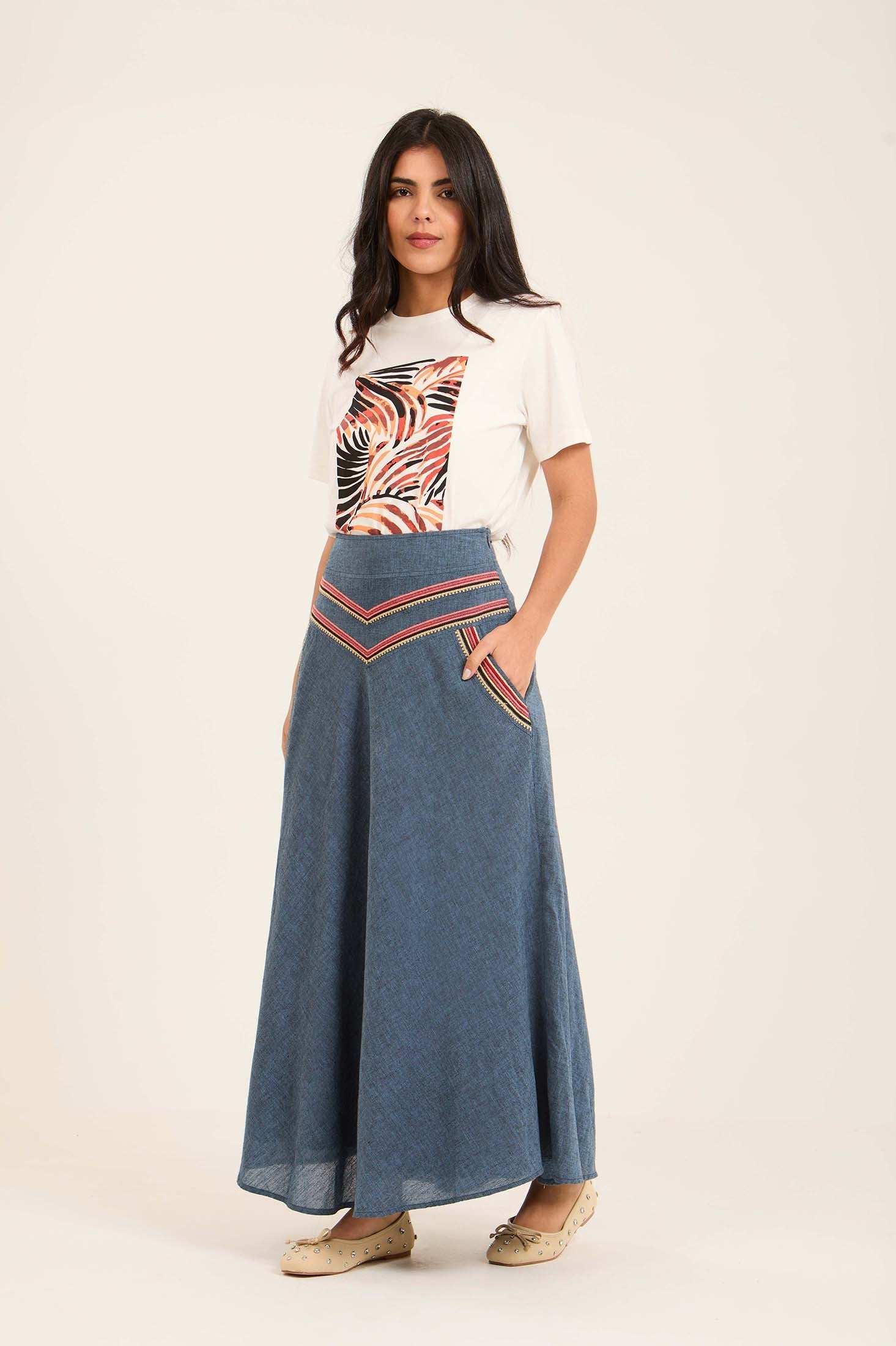Women Skirt Embroidery Blue