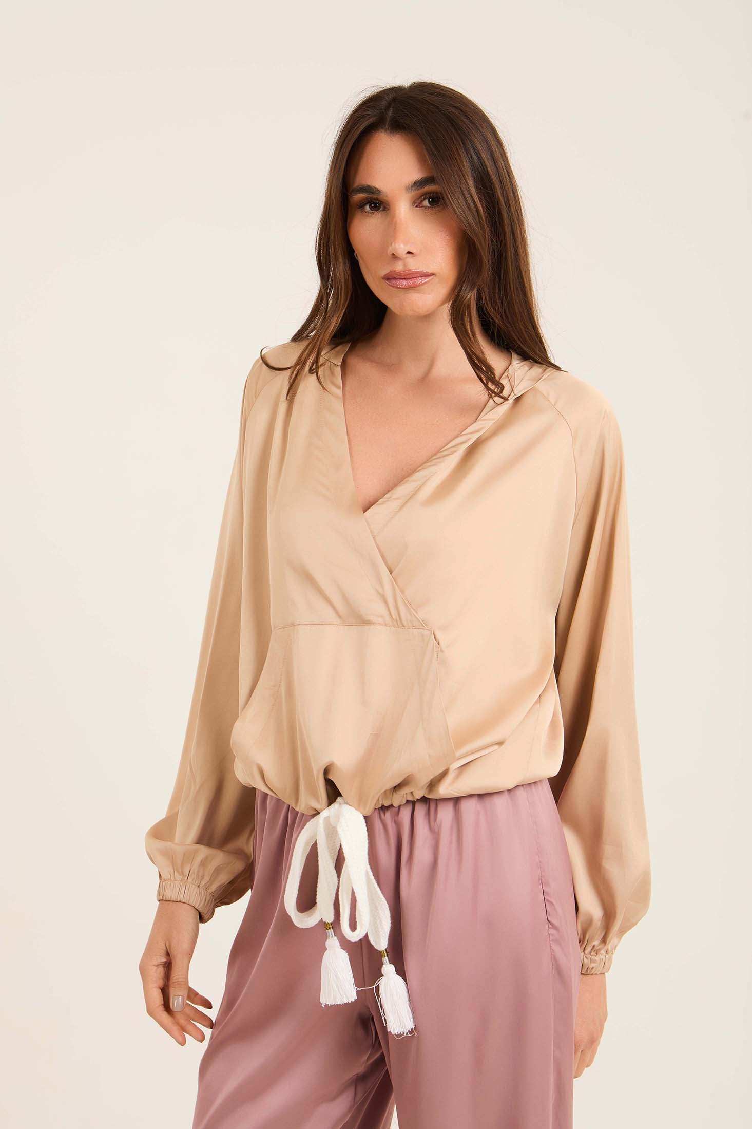 Deep V-Neck Sweatshirt with Drawstring Trim