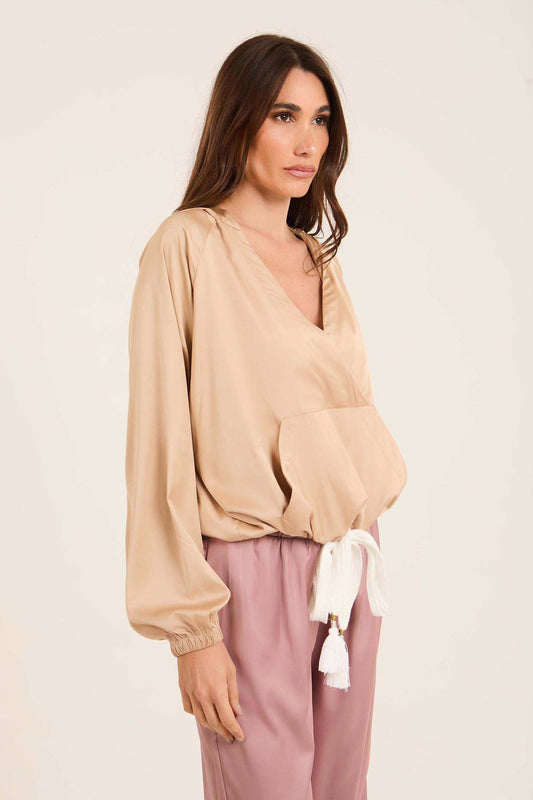 Deep V-Neck Sweatshirt with Drawstring Trim