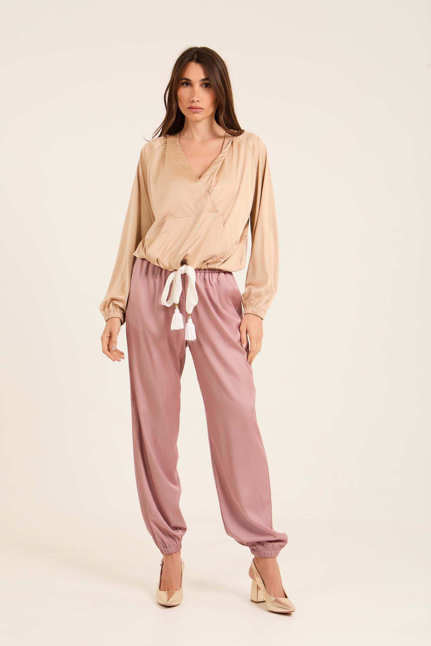 Deep V-Neck Sweatshirt with Drawstring Trim