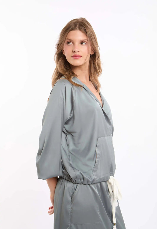 Deep V-Neck Sweatshirt with Drawstring Trim