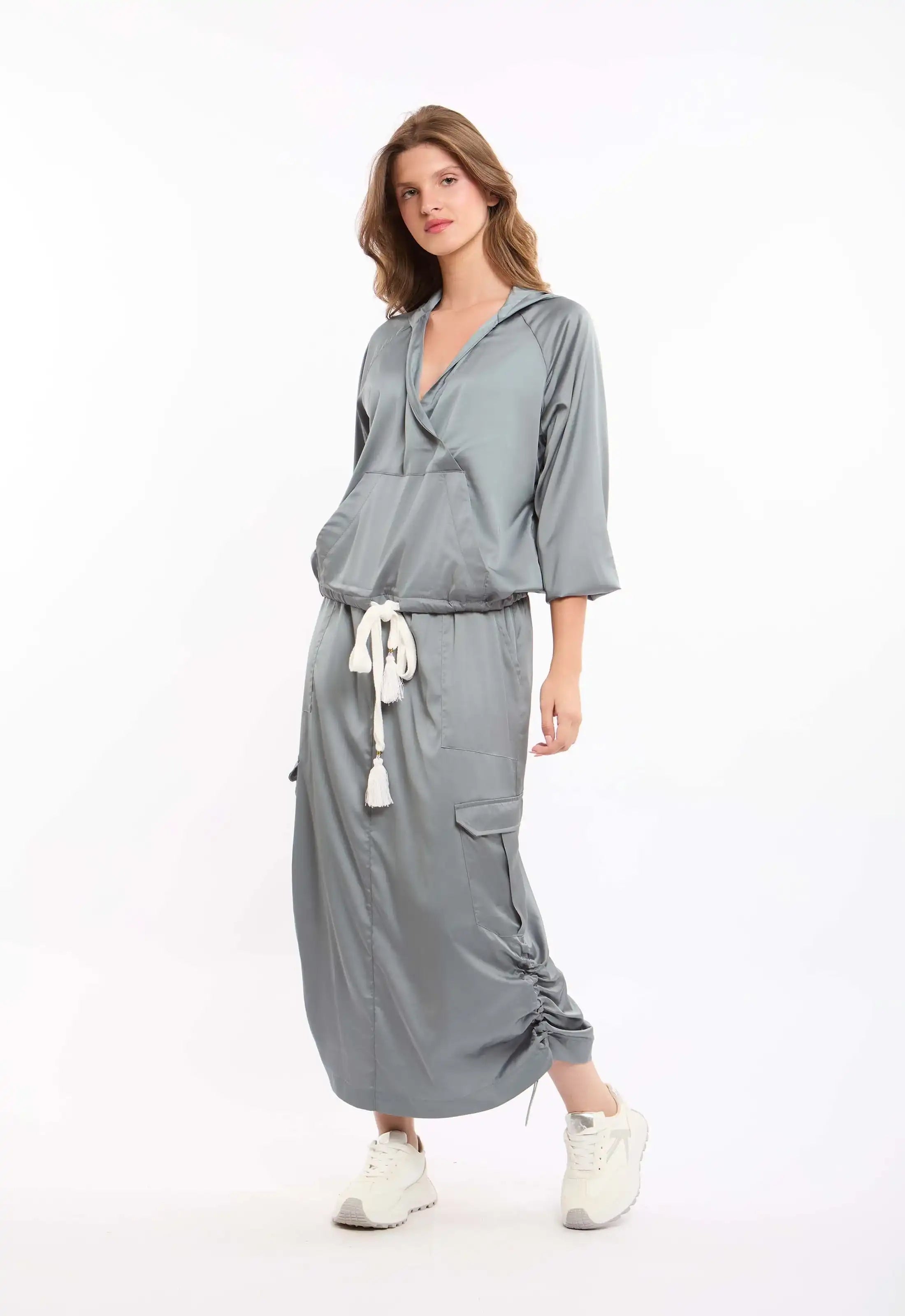 Deep V-Neck Sweatshirt with Drawstring Trim
