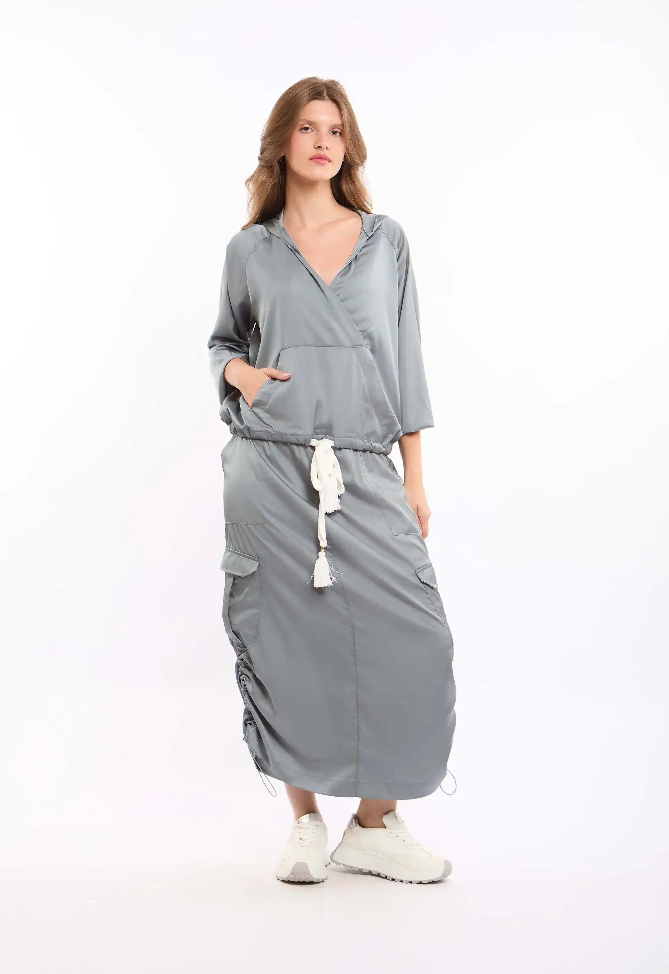Deep V-Neck Sweatshirt with Drawstring Trim