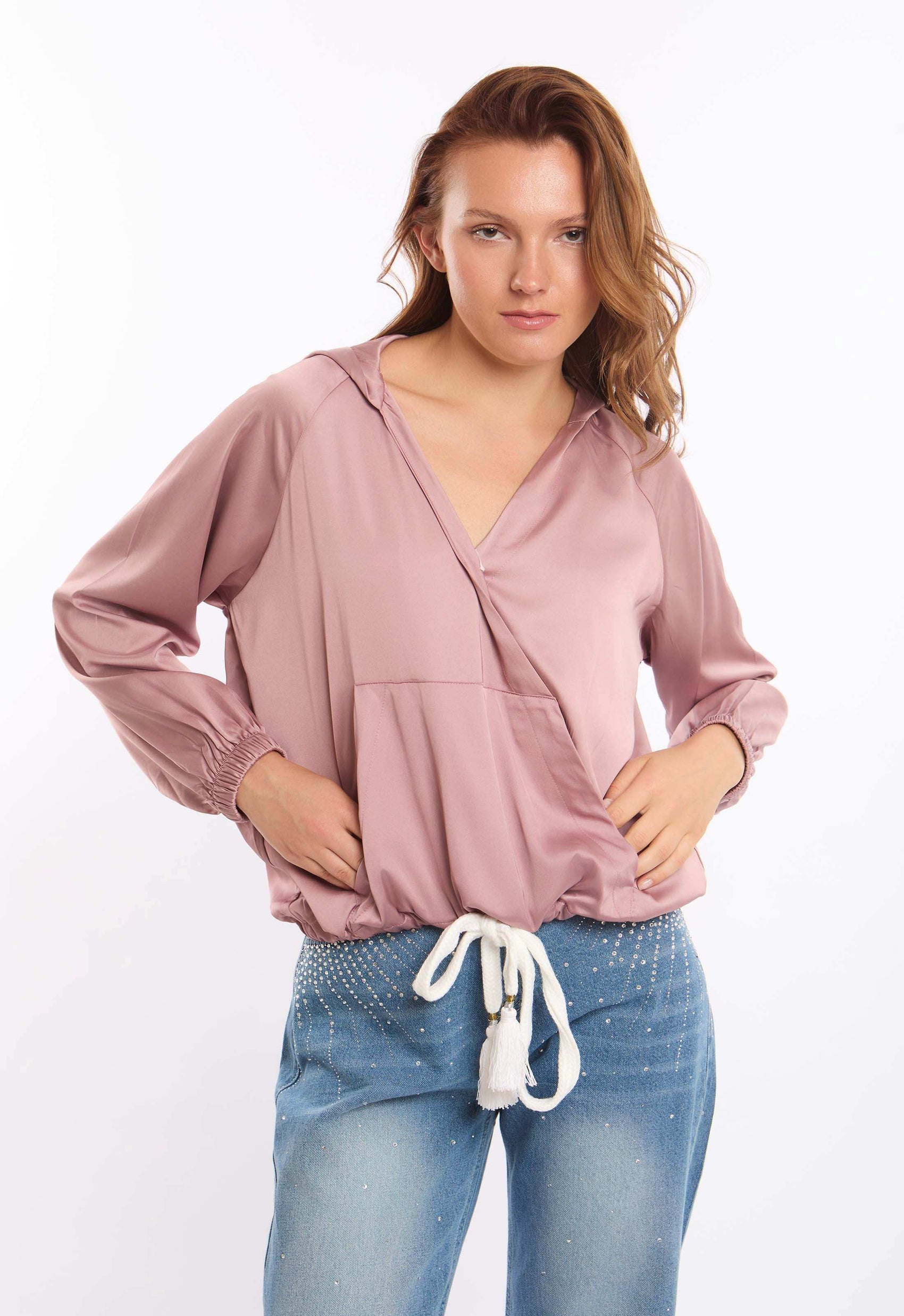 Deep V-Neck Sweatshirt with Drawstring Trim