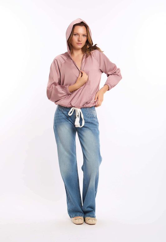 Deep V-Neck Sweatshirt with Drawstring Trim