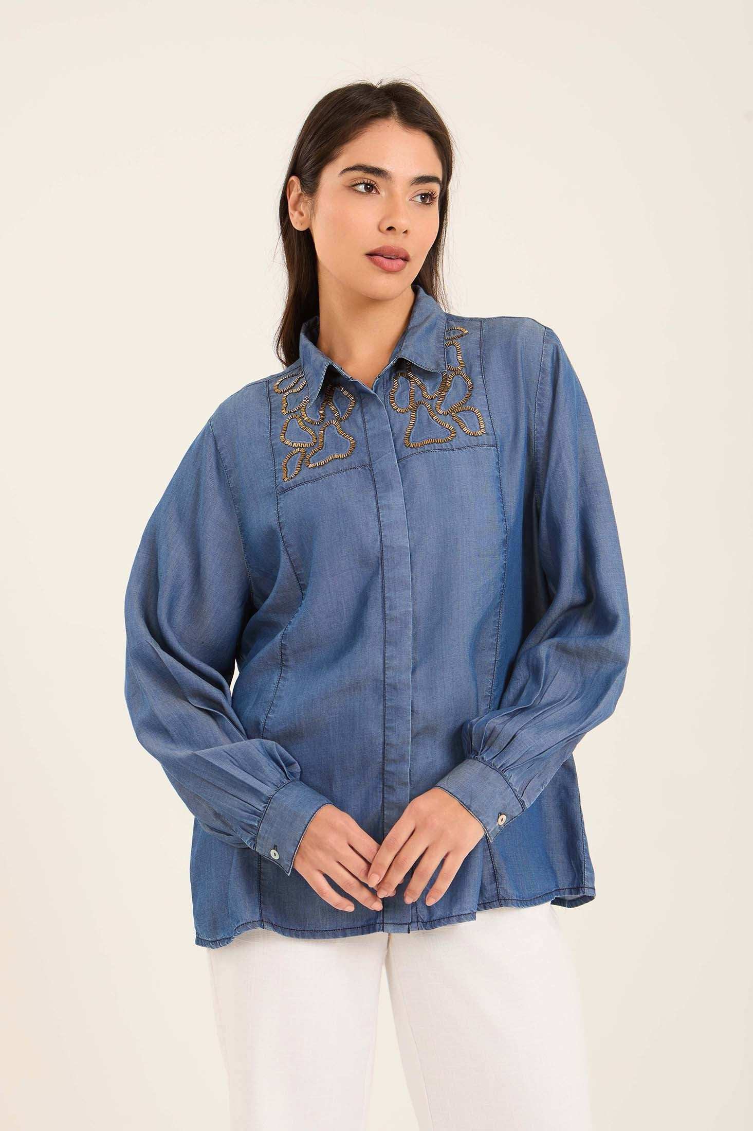 Embroidered-Collar Viscose Shirt