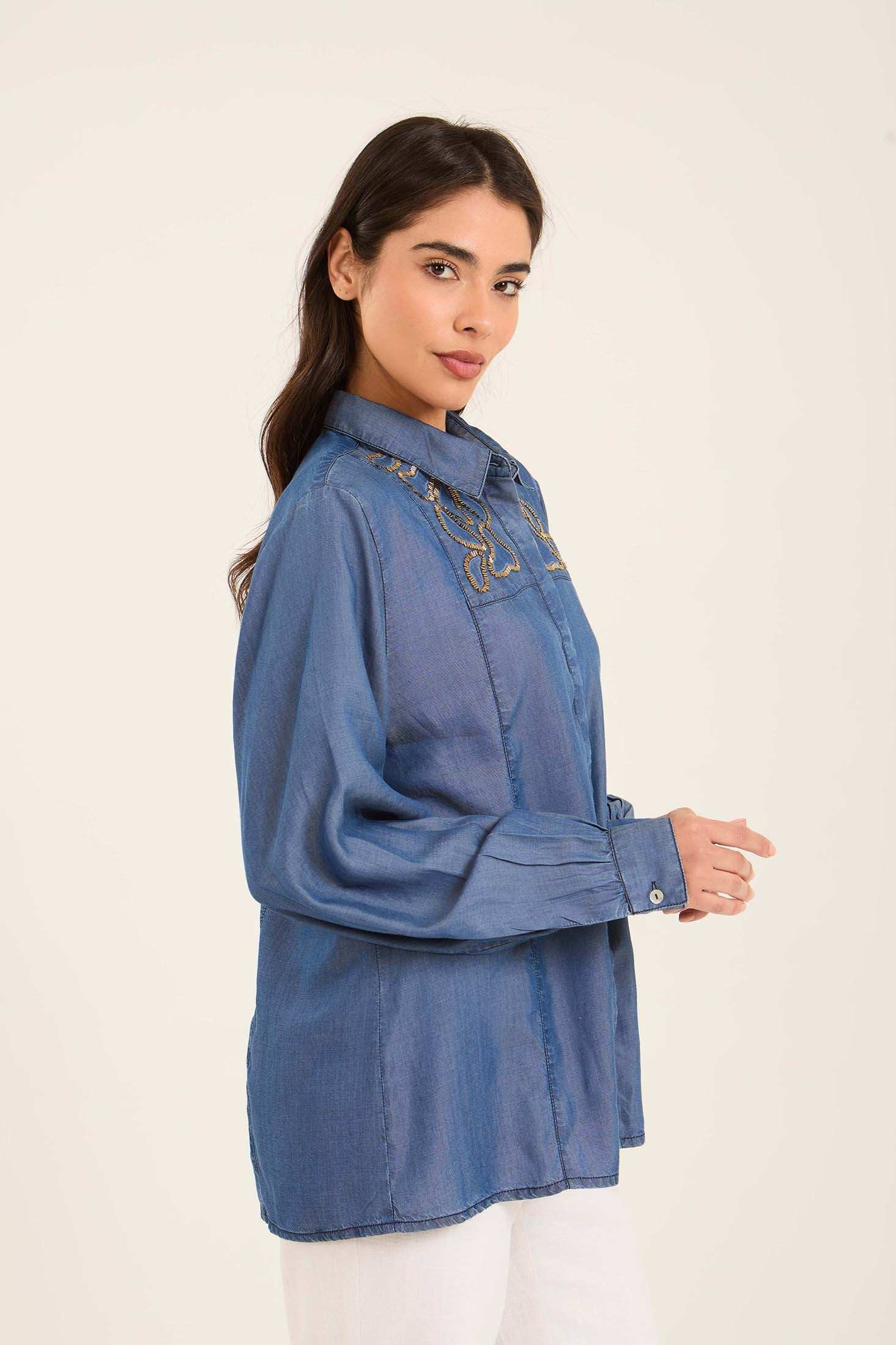 Embroidered-Collar Viscose Shirt