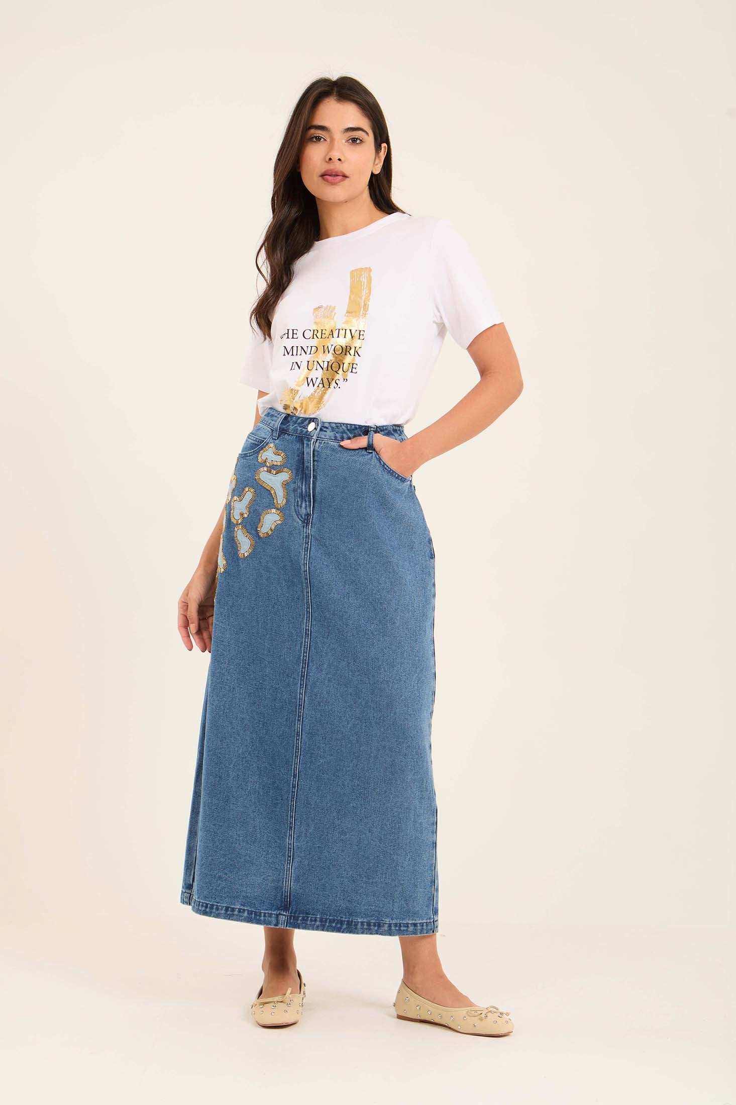 Side Stitched Crystal Casual Denim Skirt