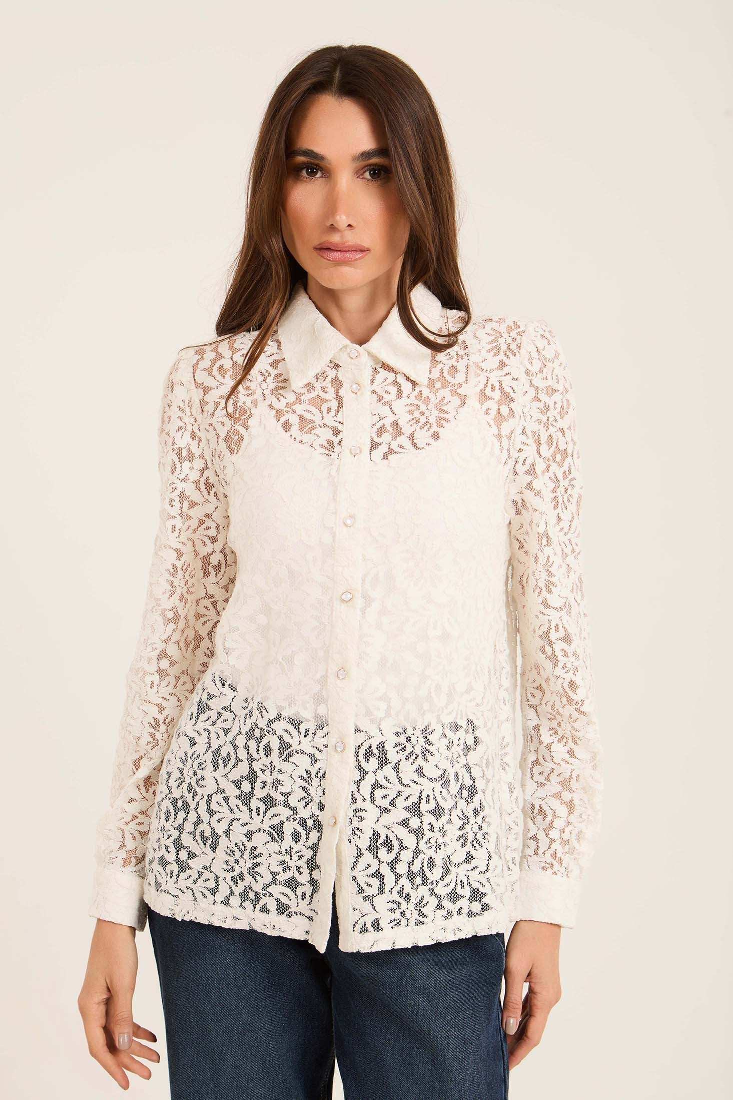 Lace Sheer Button-Down Shirt with Classic Collar