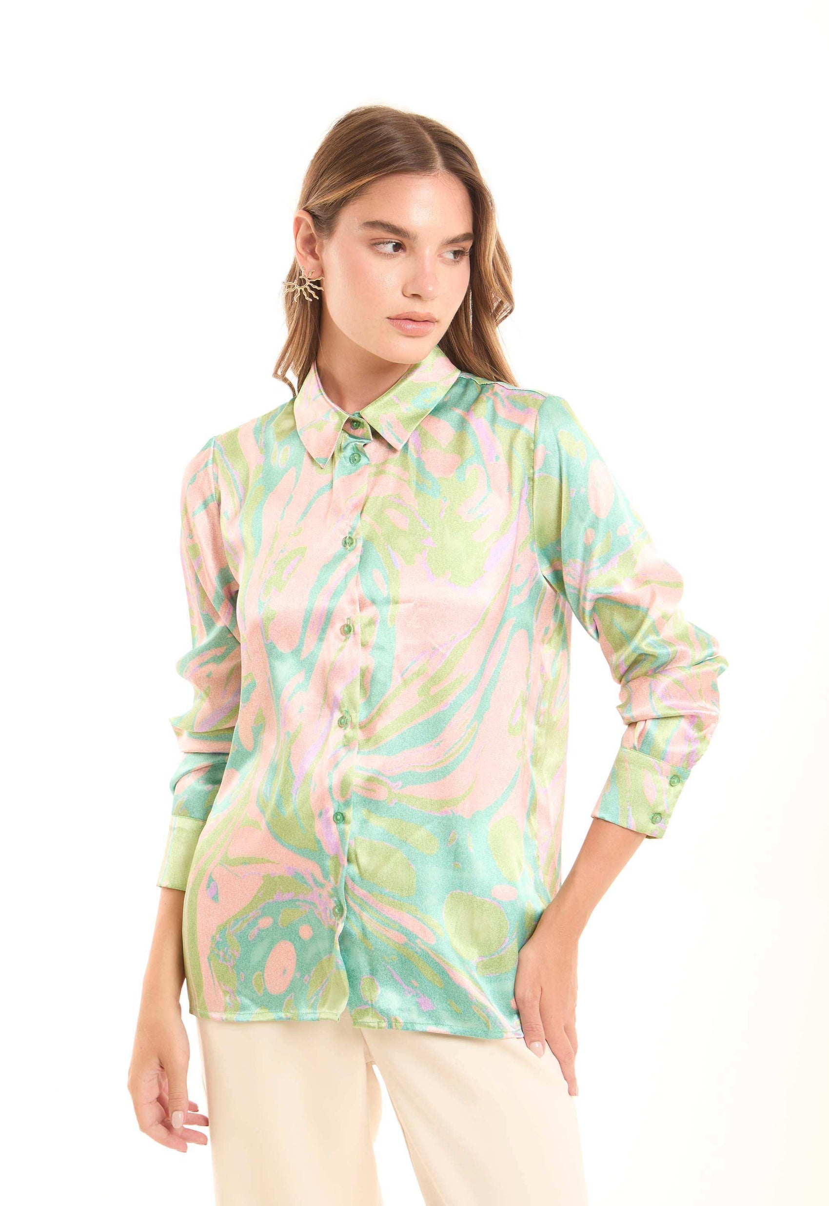 Vibrant Marble Print Satin Shirt