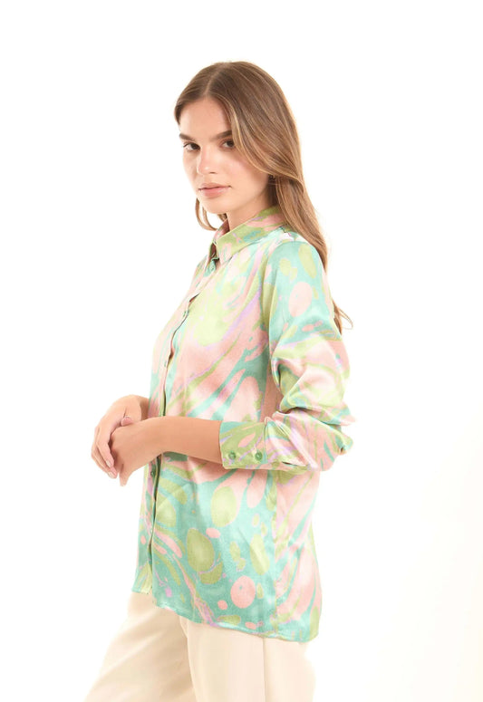 Vibrant Marble Print Satin Shirt
