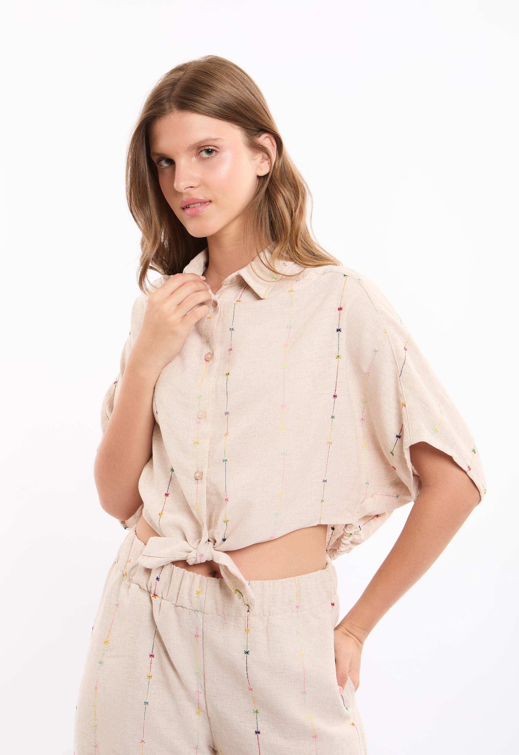 Cotton-Blend Embroidered Crop Shirt
