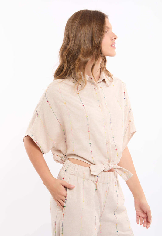 Cotton-Blend Embroidered Crop Shirt