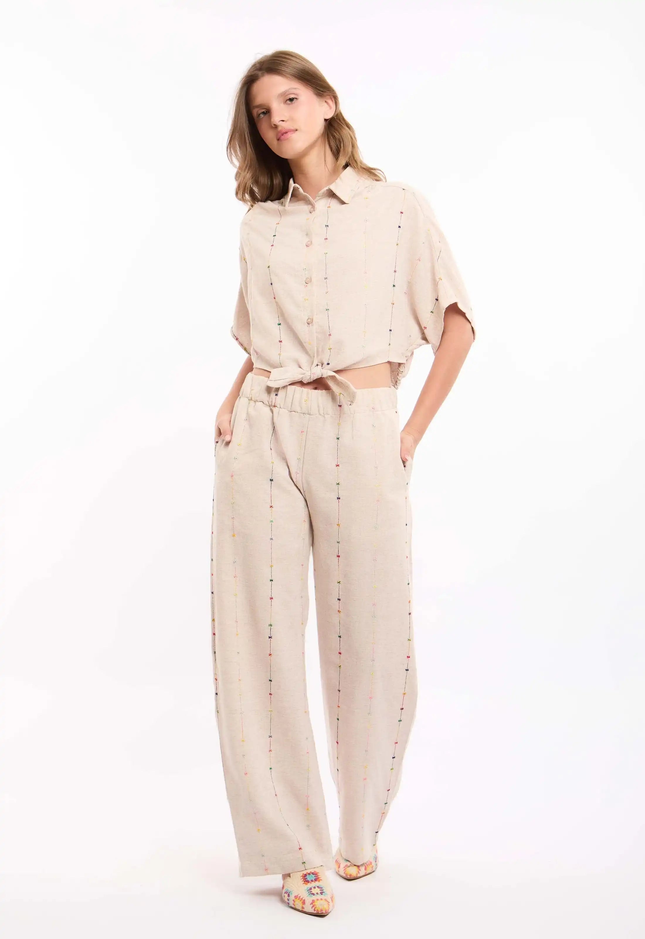 Cotton-Blend Embroidered Crop Shirt