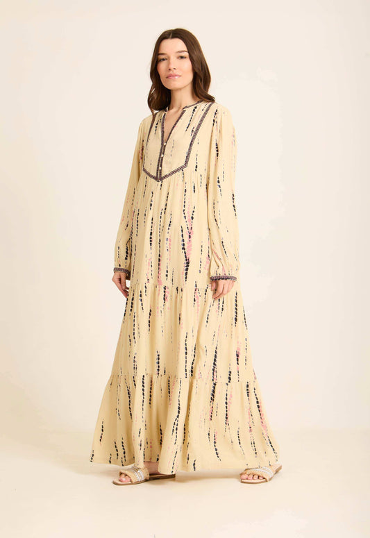 Embroidered Split Neck Tie-Dye Dress