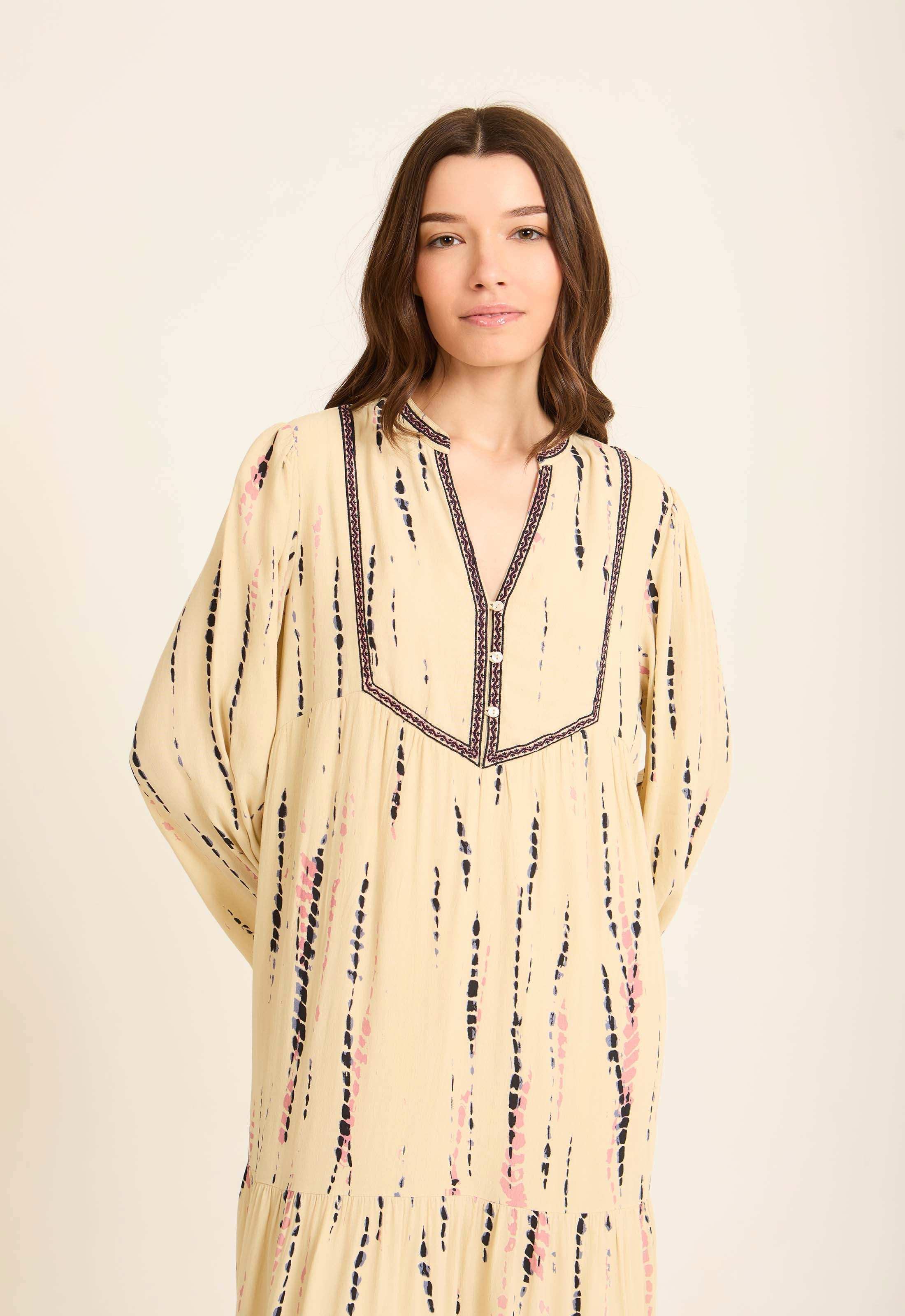 Embroidered Split Neck Tie-Dye Dress