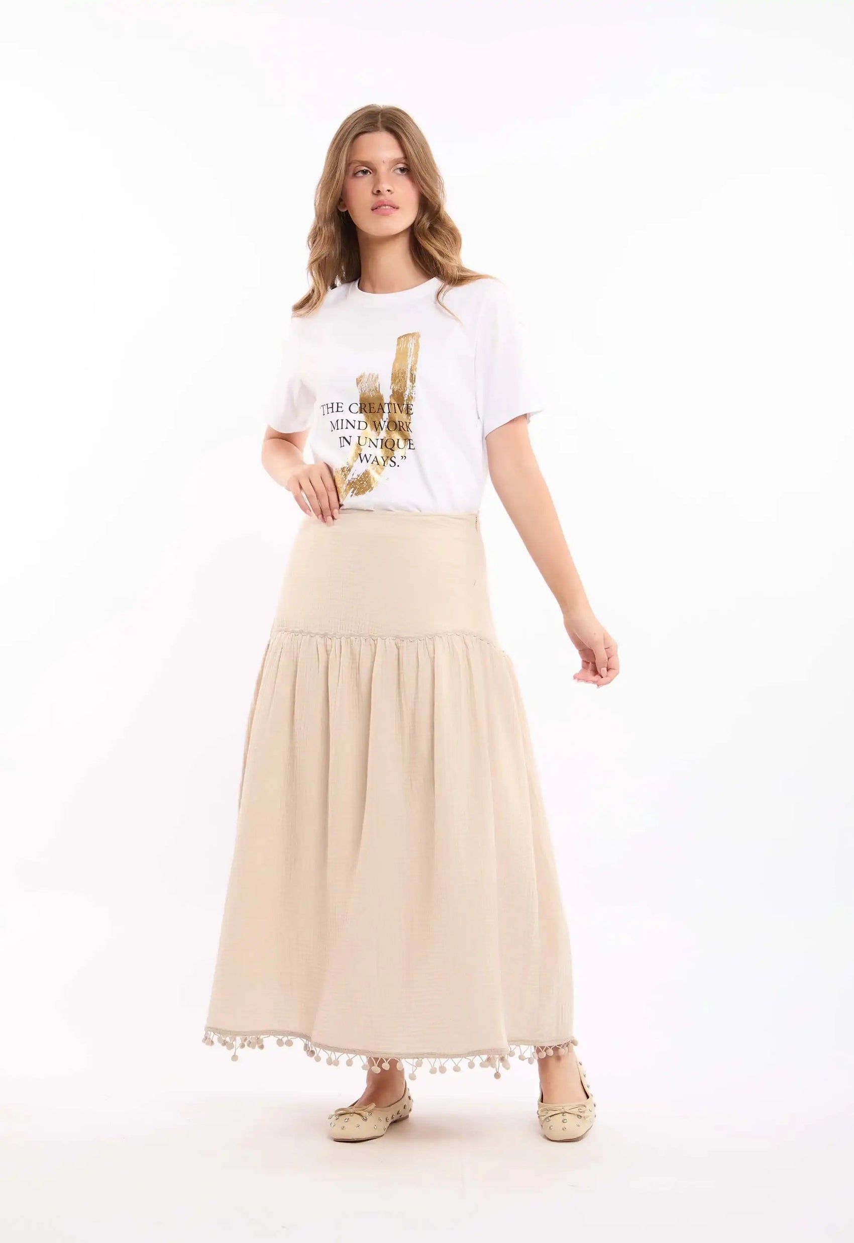 Textured Casual Skirt with Boom Boom Trim