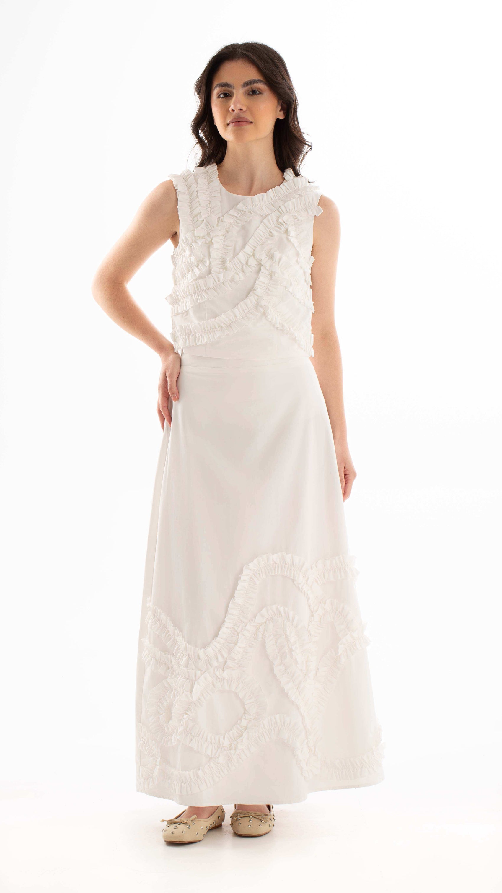 Zipped Maxi Skirt with Stitched Ruffles