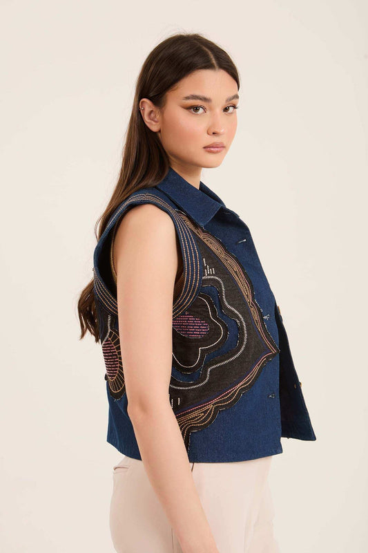 Stitched Patches Buttoned Vest with Turn Down Collar