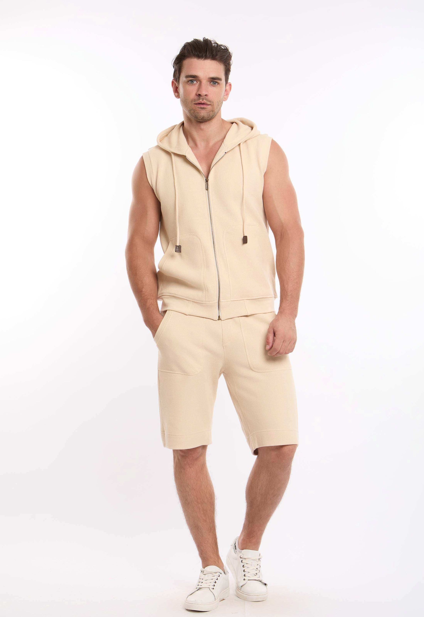 Men Vest Zipper & Shorts Bundle Beige