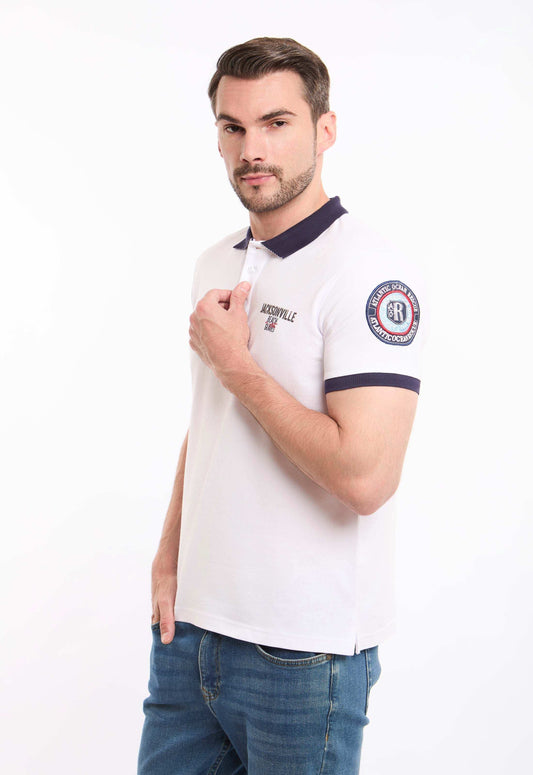 Buttoned Neck Polo Shirt with Patched Sleeve