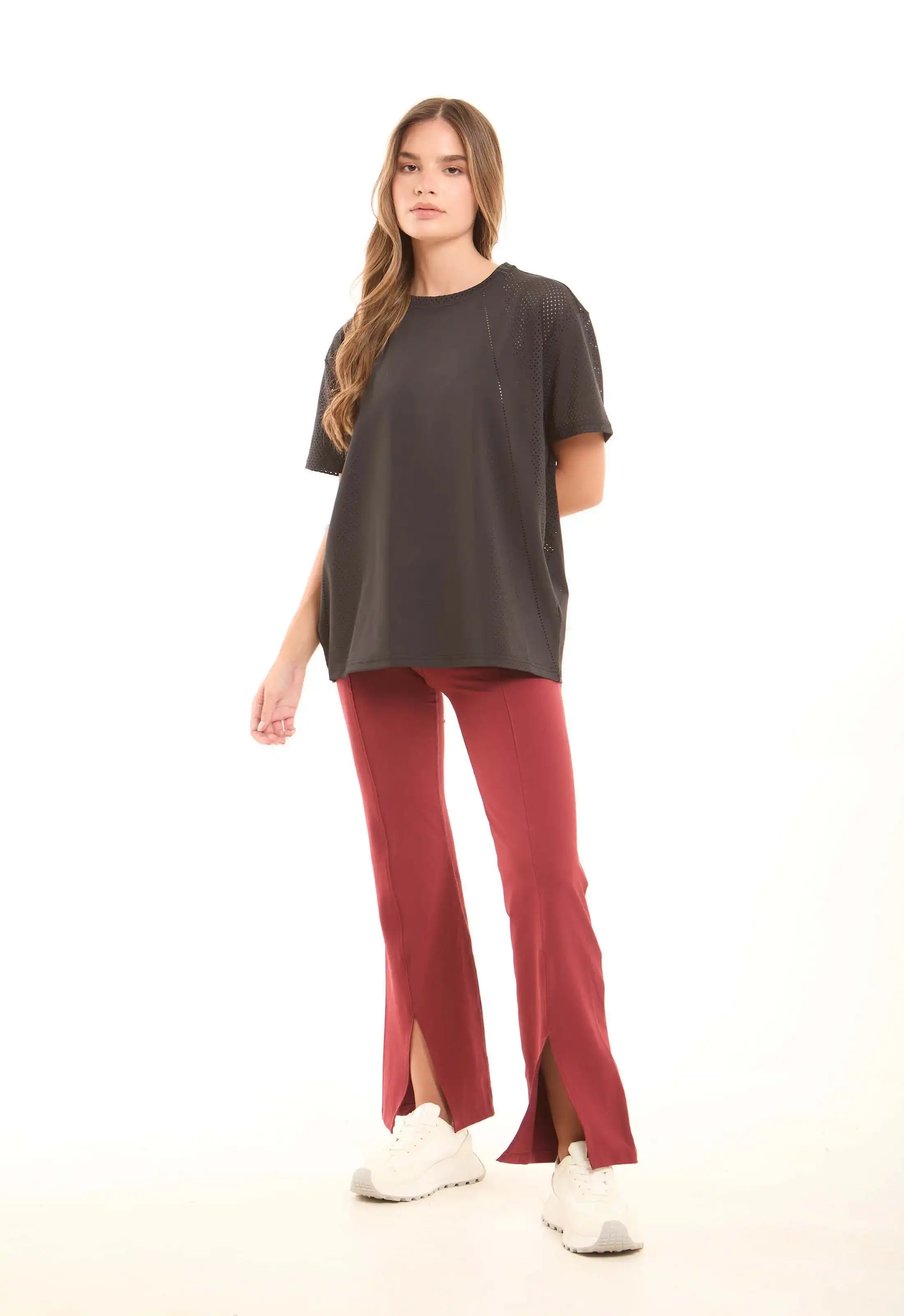 Solid Crew Neck Tee with Perforated Sleeves