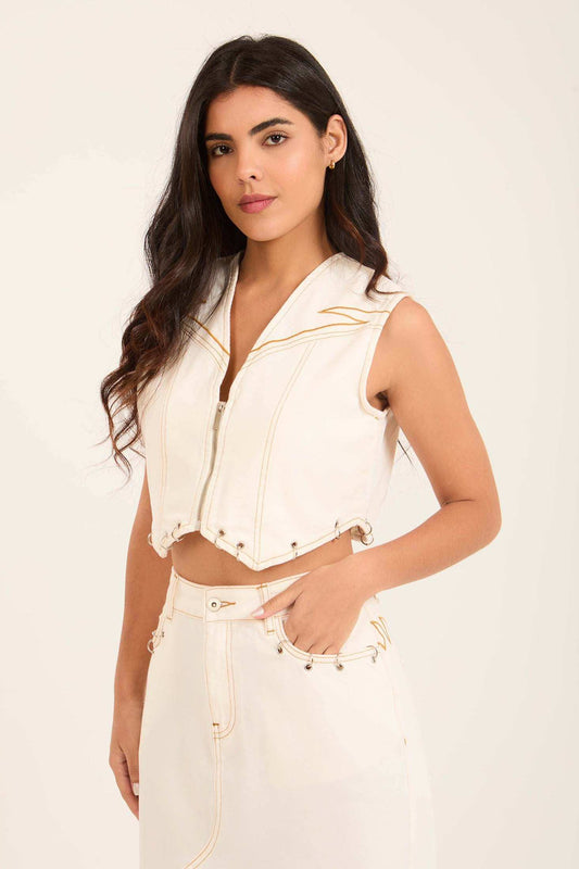 Deep V-Neck Zipped Vest with Decorative Rings
