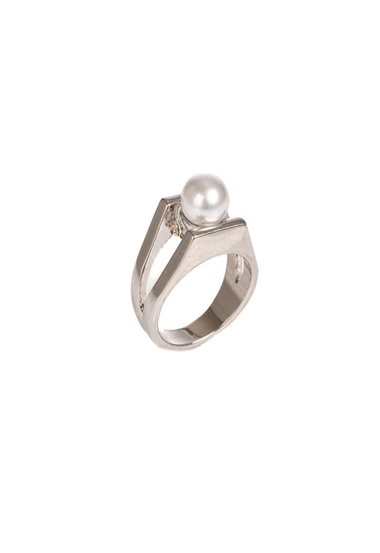 Geometric Silver Ring with Pearl Detail