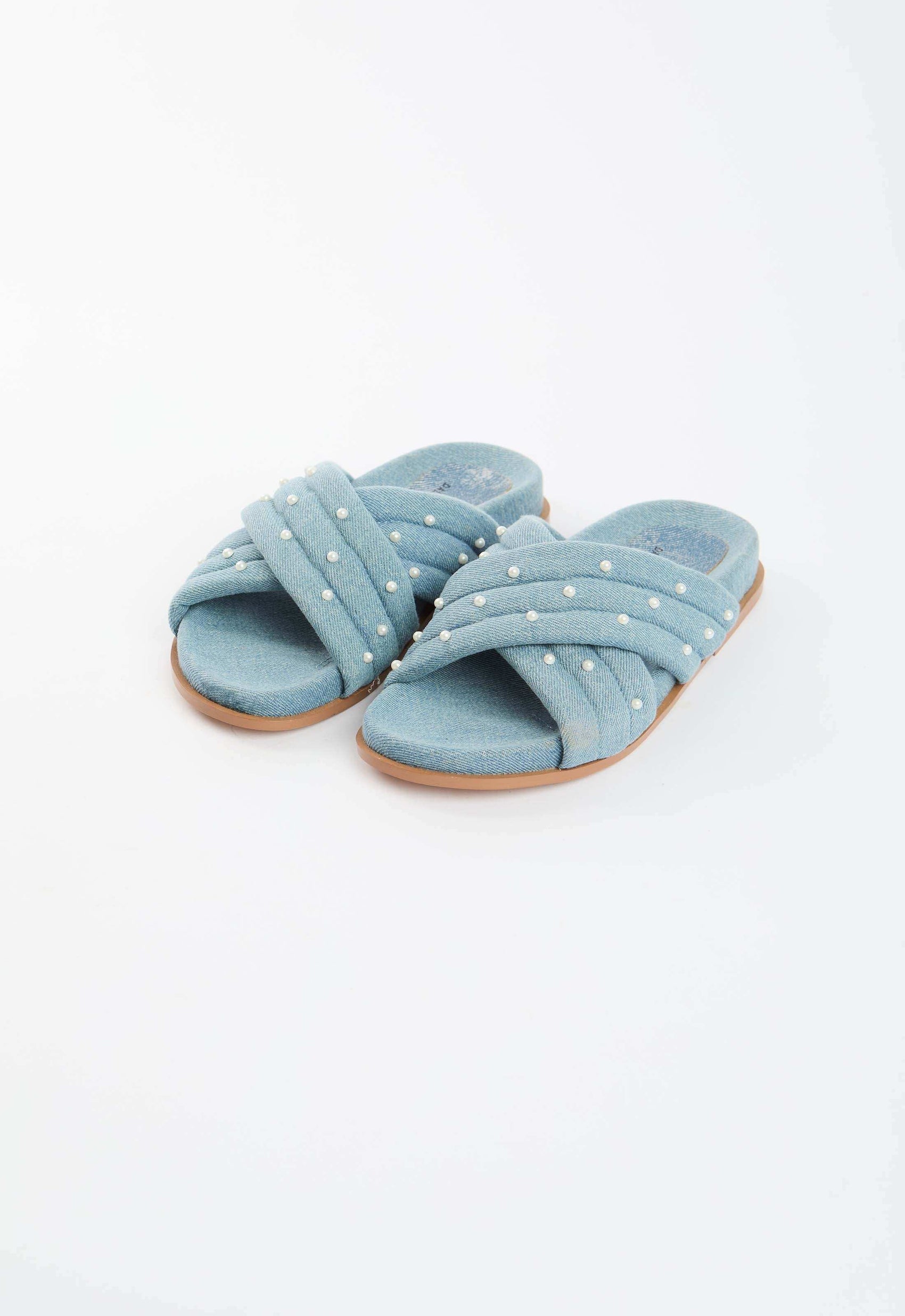 Pearl Embellished Slide Denim Sandals