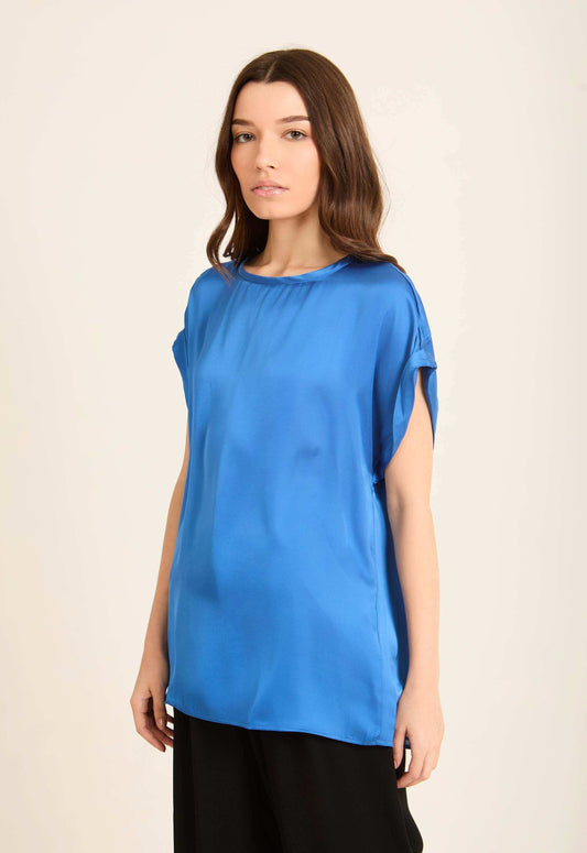 Roll-Up Short Sleeves Satin Top