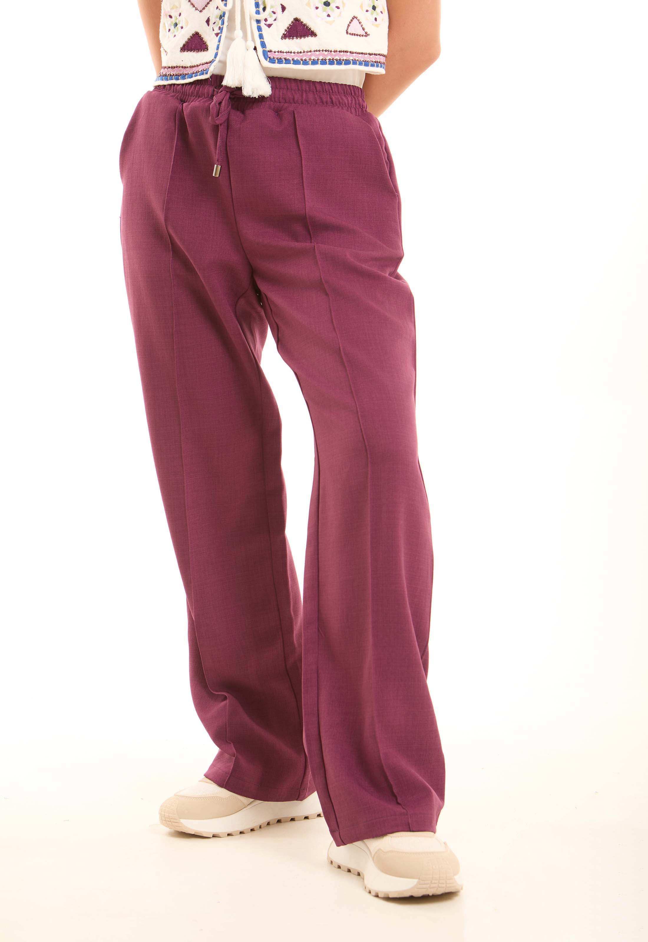 Wide-Leg Polyester Pants with Front Seam