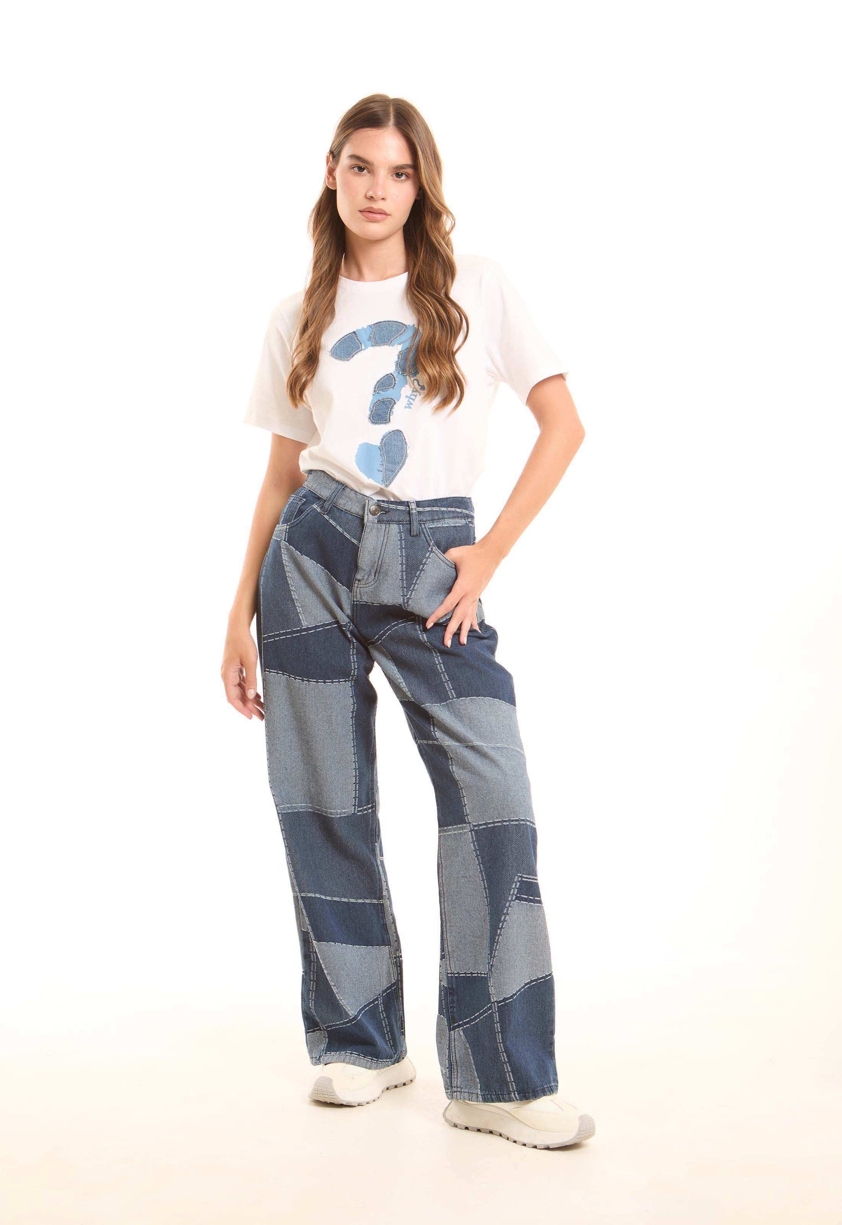 Patchwork Wide-Leg Denim Pants