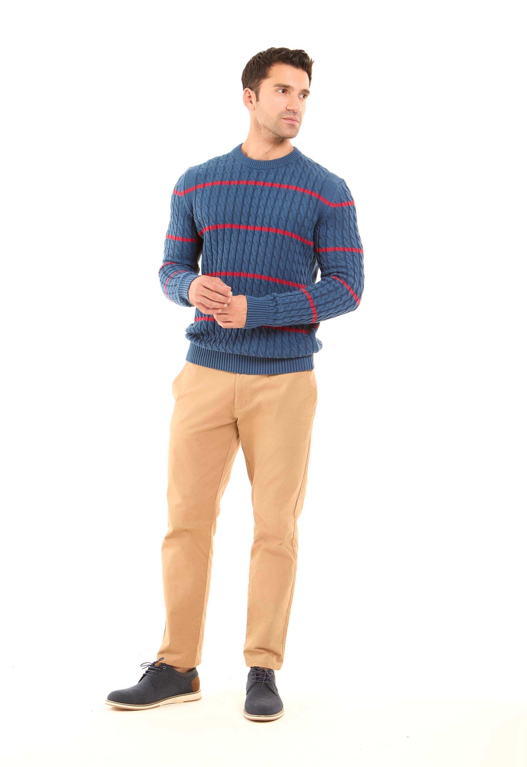 Braided Knit Striped Round Neck Pullover