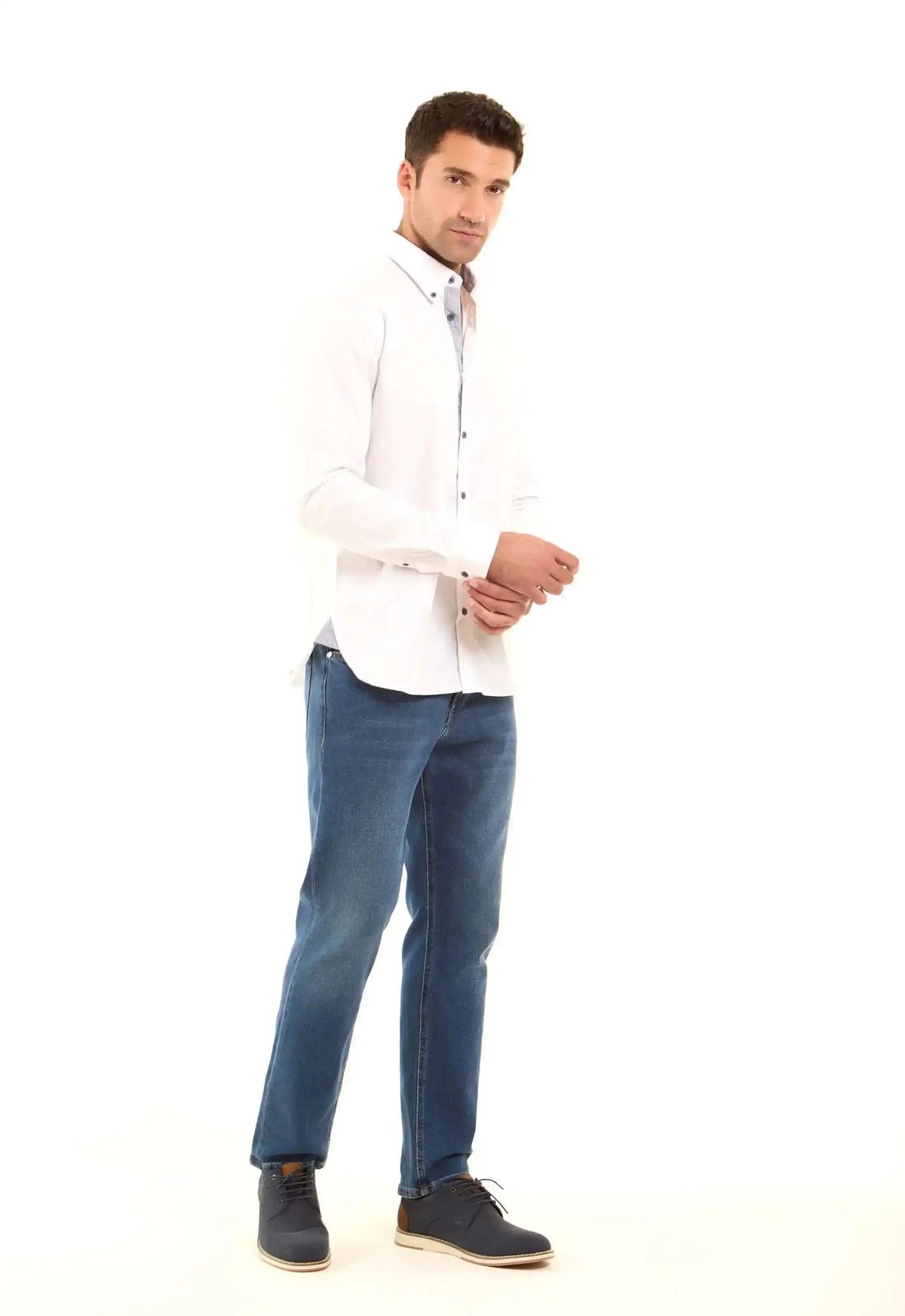Solid Classic Shirt with Striped Neckline