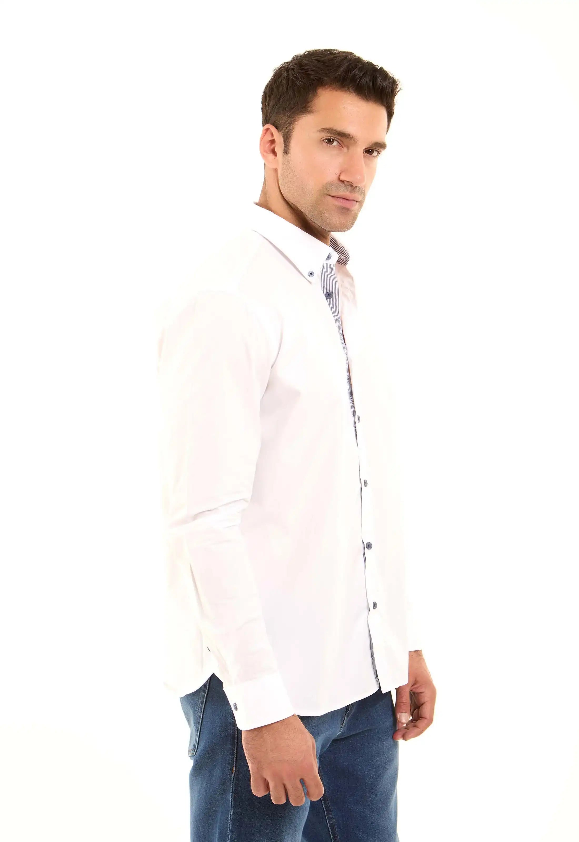 Solid Classic Shirt with Striped Neckline
