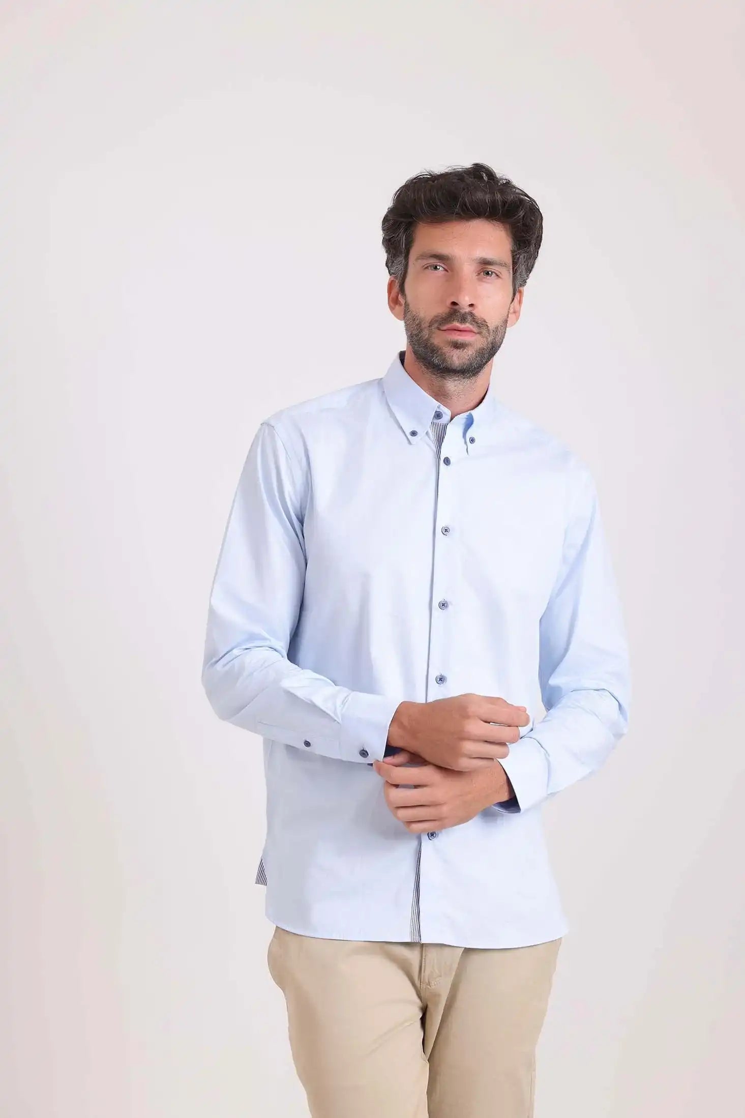Solid Classic Shirt with Striped Neckline