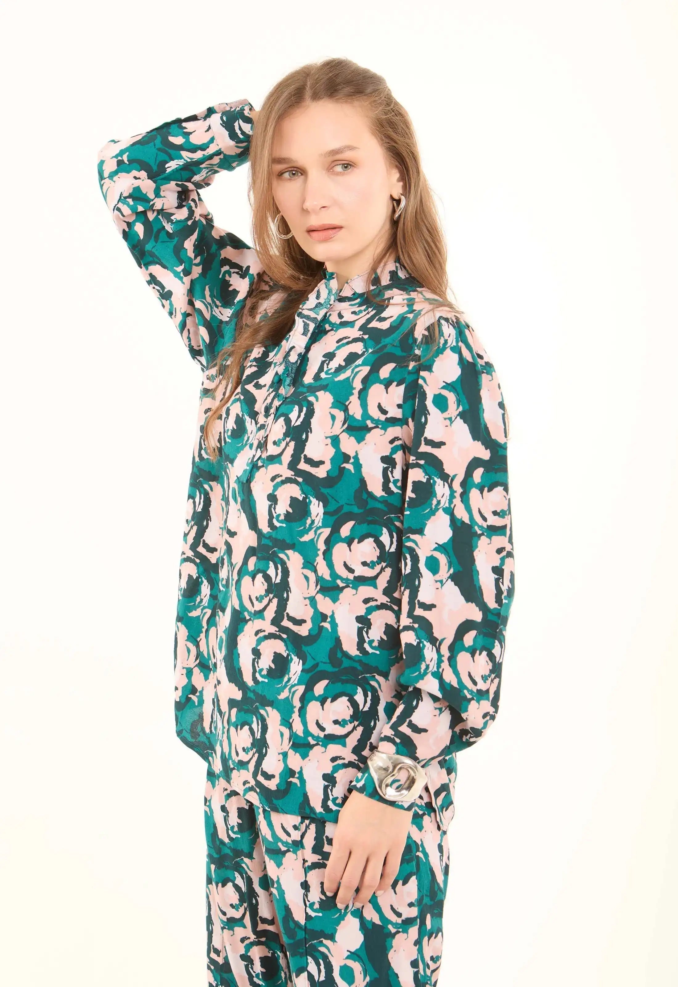 Floral Printed High-Neck Viscose Blouse