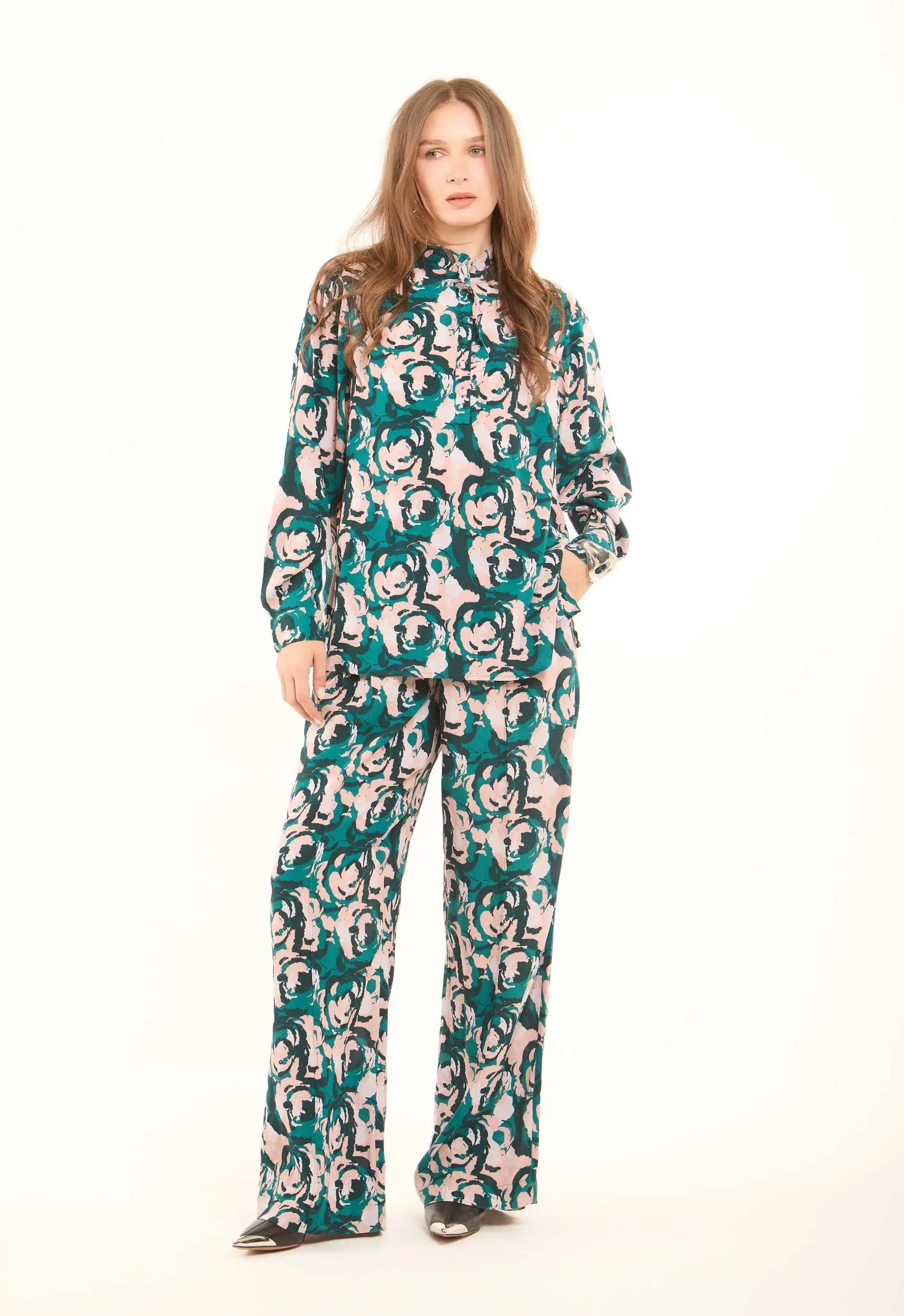 Floral Printed High-Neck Viscose Blouse
