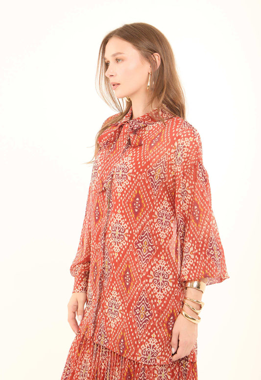 Printed Tie-Neck Blouse