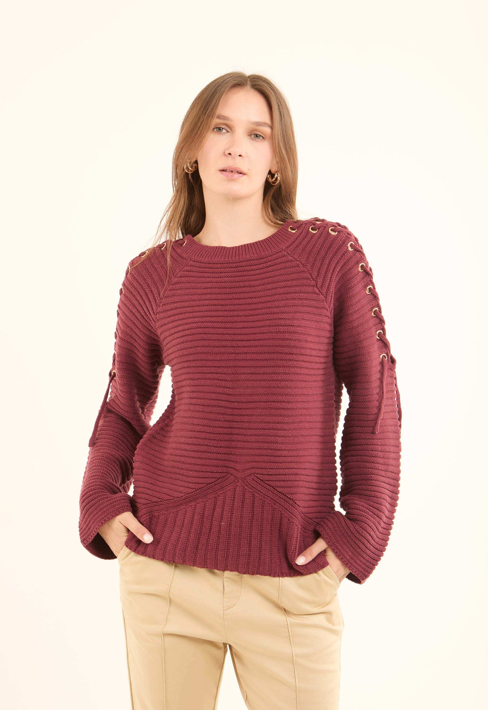 Decorative Lace-Up Sleeves Striped Pullover