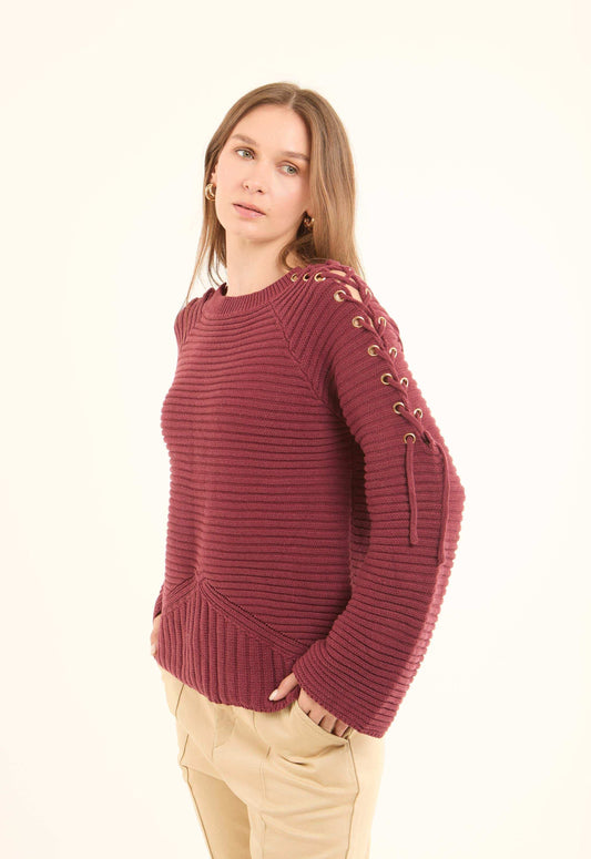 Decorative Lace-Up Sleeves Striped Pullover