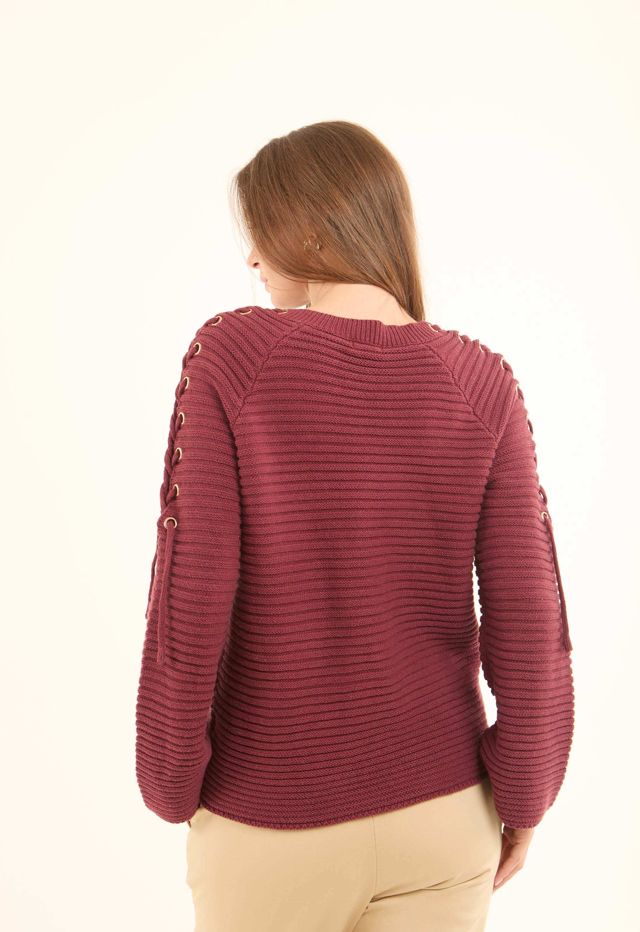 Decorative Lace-Up Sleeves Striped Pullover